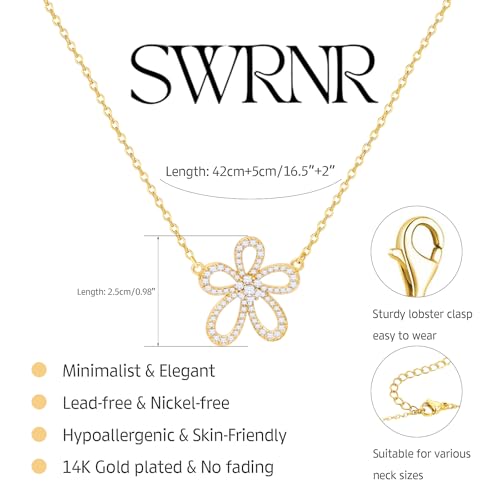 Gold Necklace for Women, Dainty 14K Gold Plated Pendant Necklaces for Women Trendy Simple Choker Chain Cubic Zirconia Circle/Interlocking/Sun/Pearl Necklace Fashion Jewelry Charm Gifts - color: CZ Flower