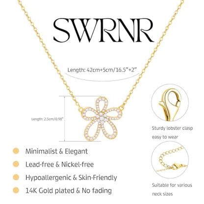 Gold Necklace for Women, Dainty 14K Gold Plated Pendant Necklaces for Women Trendy Simple Choker Chain Cubic Zirconia Circle/Interlocking/Sun/Pearl Necklace Fashion Jewelry Charm Gifts - color: CZ Flower