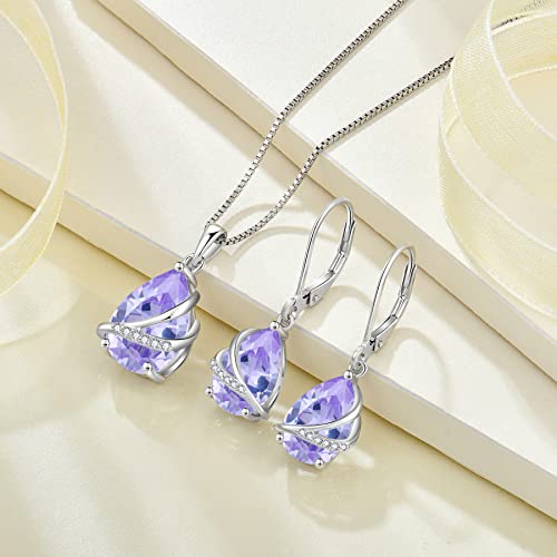 Birthstone Pendant Necklace 925 Sterling Silver Teardrop Jewelry for Women - color: Light Lavender