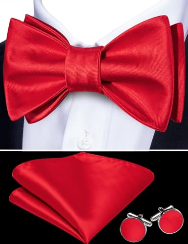 YOHOWA Bow Ties for Men Self-tied Silk Bowtie Solid Color with Lapel Pin and Handkerchief Cufflinks for Wedding Party Prom - color: Red Soild