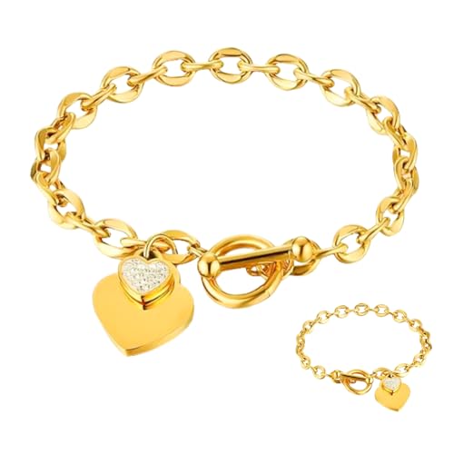 Heart Charm Bracelet Plated 18K Gold/Silver/Rose Gold Bible Scripture Heart Bracelet for Women Jewelry Gift Zircon Her Link Chain OT Clasp Stainless Steel Birthday - color: Gold-Zircon, size: 7.1 inch