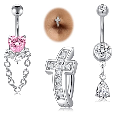 Belly Button Rings Stainless Steel 14G CZ Opal Navel Rings Barbells Women Girls Belly Piercing Jewelry - color: Silver Color-Style C: 3PCS