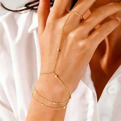 Evil Eye, Heart, Cross-Gold Ring Bracelet Hand Chain Layered Finger Bracelets for Women Delicate Link Chain Jewelry - style: 3 layered satellite chain bracelet-gold