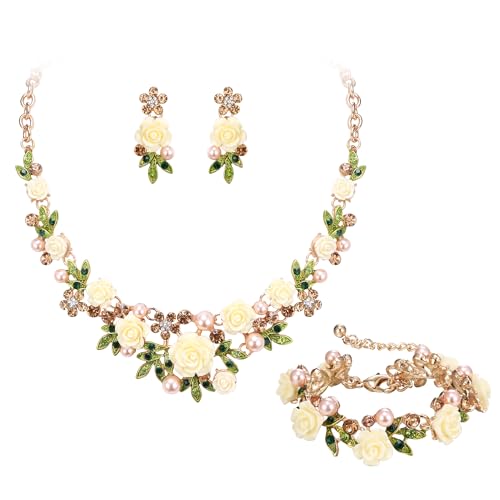 EVER FAITH Costume Jewelry Crystal Simulated Pearl Rose Flower Leaf Prom Party Statement Necklace Earrings Bracelet Set for Women - color: Brown Gold-Tone