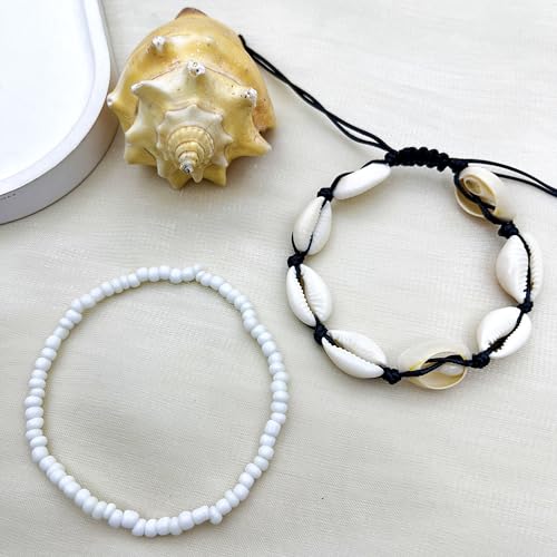 3PCS Boho Anklets for Women Summer Beach Women's Ankle Bracelets Beaded Anklet Bracelet Waterproof Beach Anklets Shell Starfish Anklet Foot Chain Jewelry for Women - color: 2PCS/black rope