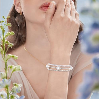 Ymapinc Pearl Bracelets for Women Silver Stretch Bracelets for Women Stackable，Three Layer Bracelet with Pearls and Rhinestones Exquisite Jewelry Decoration