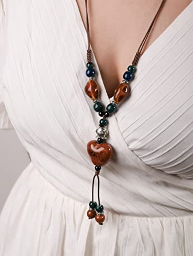 MINACHI Boho Hippie Colorful Ceramic Heart Bead Strand Necklace, Bohemian Summer Statement Jewelry Gift for Women - color: S02