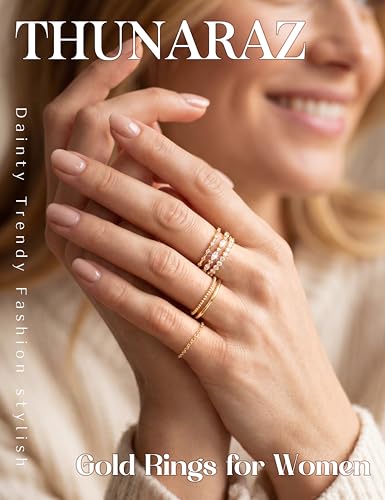 THUNARAZ Gold Rings for Women Non Tarnish Dainty Stackable Thumb Ring Set | 14K Gold Plated Ring Size 5-10, Stacking Rings for Women, Waterproof Chain Ring for Women, Engagement Promise Wedding Rings