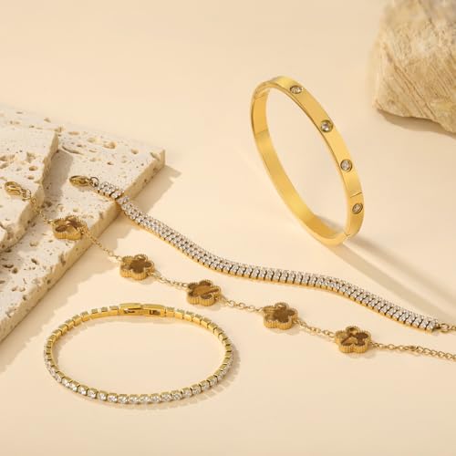 18 K Gold Plated Love Bangle Bracelet Stack for Women,Set of 4 Floral Clover Chain, Tennis Crystal &Gold Stackable Bangle Bracelet -Adjustable Layered Jewelry Gift for Wife Valentines Mother's Day-MVCOLEDY - color: Brown and White CZ