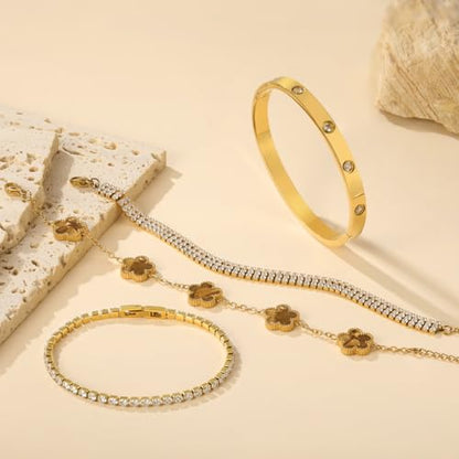18 K Gold Plated Love Bangle Bracelet Stack for Women,Set of 4 Floral Clover Chain, Tennis Crystal &Gold Stackable Bangle Bracelet -Adjustable Layered Jewelry Gift for Wife Valentines Mother's Day-MVCOLEDY - color: Brown and White CZ