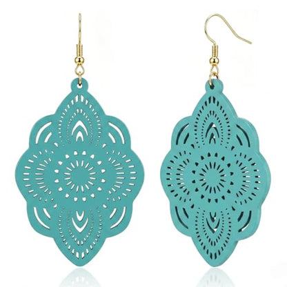 Boho Black Filigree Dangle Earrings for Women, Lightweight Hollow Lace Drop, Wood, 3.34" x 1.69", Bohemian Jewelry - color: Sky Blue