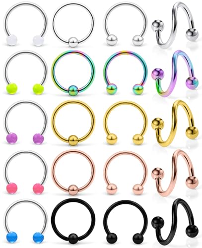 16G Spiral Lip Rings Hoops 316L Surgical Steel Cartilage Helix Tragus Earring Lip Eyebrow Labret Septum Smiley Rings Hoop Piercing Jewelry 8mm 10mm - color: G:20pcs 8MM Mix Color