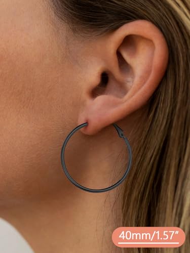 FaithHeart Silver/Black/Gold Stainless Steel Thin Hoop Earrings for Women | 2mm Wide Thin Large Hoop Earrings, Hypoallergenic Lightweight Trendy Jewelry, 20/30/40/50/60/70/80/90/100mm - color: Black, size: 40mm/1.57"