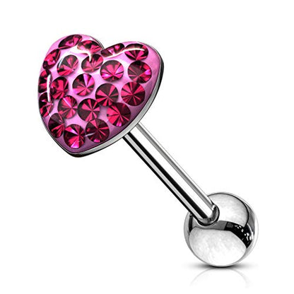 Forbidden Body Jewelry 14G 16mm (5/8 Inch) Surgical Steel Pave Crystalline Epoxy Heart Top Tongue Ring - style: Pink