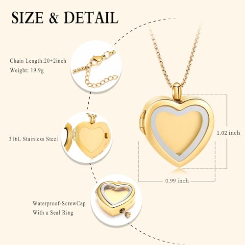 Oinsi Cremation Locket Necklace For Ashes Of Loved One Carry Photo Glass Memorial Urn Jewelry 316L Stainless Steel Keepsake Gifts - color: B-Gold