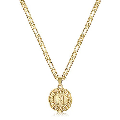 KissYan Initial Necklaces for Women, 14K Gold Plated Round Letter Pendant Capital Monogram Necklace Alphabets from A-Z Figaro Chain Jewelry - color: Gold, style: N