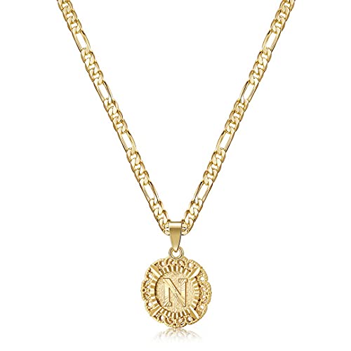 KissYan Initial Necklaces for Women, 14K Gold Plated Round Letter Pendant Capital Monogram Necklace Alphabets from A-Z Figaro Chain Jewelry - color: Gold, style: N