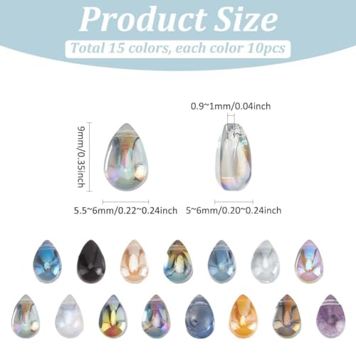 PH PandaHall 150pcs Teardrop Glass Beads 15 Colors Water Drop Glass Beads Top Drilled Teardrop Crystal Charms Electroplate Glass Pendants for DIY Necklace Bracelet Earring Jewelry Making 6x9 mm