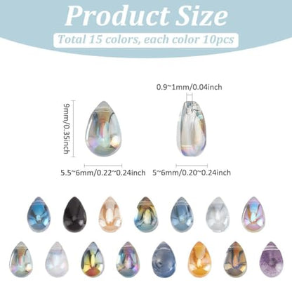 PH PandaHall 150pcs Teardrop Glass Beads 15 Colors Water Drop Glass Beads Top Drilled Teardrop Crystal Charms Electroplate Glass Pendants for DIY Necklace Bracelet Earring Jewelry Making 6x9 mm