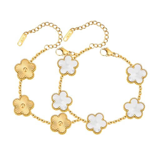 Women Gold Bracelets Jewelry Set - 3Pcs 18K Gold Plated Floral Bracelet,Stainless Steel Charm Bracelet Non-Tarnish,Adjustable Lucky Chain Trendy Gift,Christmas Valentines Birthday Gifts for Girlfriend - style: White&Gold