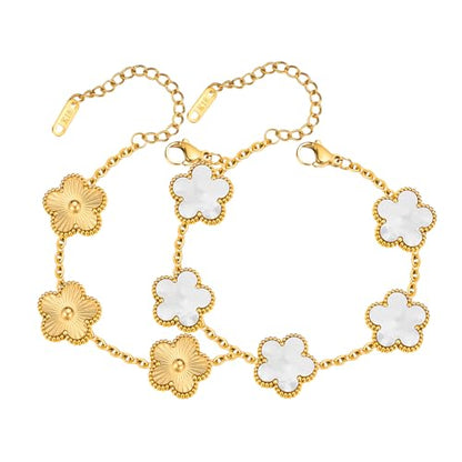 Women Gold Bracelets Jewelry Set - 3Pcs 18K Gold Plated Floral Bracelet,Stainless Steel Charm Bracelet Non-Tarnish,Adjustable Lucky Chain Trendy Gift,Christmas Valentines Birthday Gifts for Girlfriend - style: White&Gold