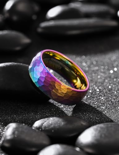 King Will Men's Tungsten Carbide Wedding Ring Hammered Groove Wedding Band Mens Two Tone Engagement Ring for Men and Women Matte Brushed Finish Comfort Fit - color: Rainbow