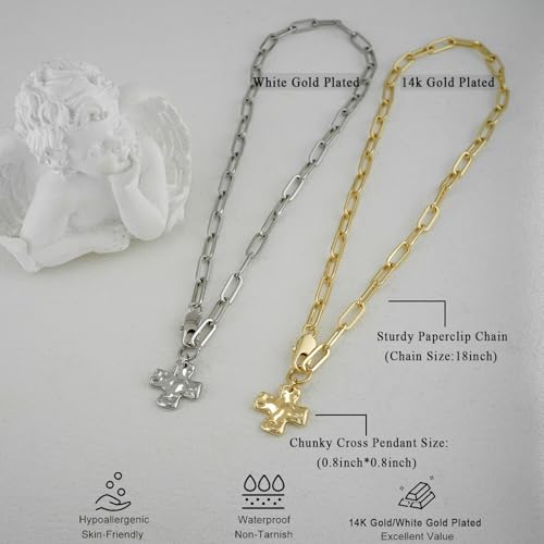 Chunky Cross Necklace for Women Trendy 14K Gold Silver Plated Statement Big Cross Pendant Paperclip Chain Charm Necklaces Religious Faith Easter Basket Stuffers Baptism Costume Jewelry Gift - color: Gold-Lobster Clasp-0.8 inch pendant