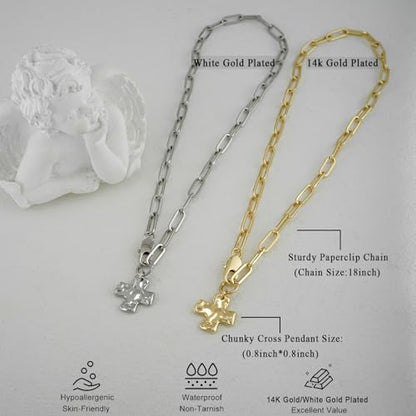 Chunky Cross Necklace for Women Trendy 14K Gold Silver Plated Statement Big Cross Pendant Paperclip Chain Charm Necklaces Religious Faith Easter Basket Stuffers Baptism Costume Jewelry Gift - color: Gold-Lobster Clasp-0.8 inch pendant