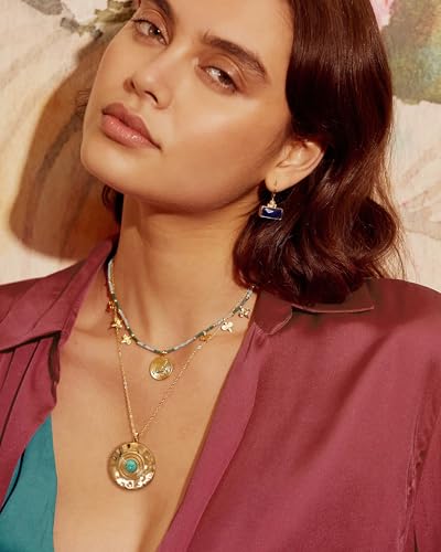 Aobei Pearl 18K Gold Plated Pendant Necklace for Women Dainty Gold Chain Choker Love Heart Disc Coin Pearl Cross Toggle Jewelry - style: Turquoise Hammered Coin