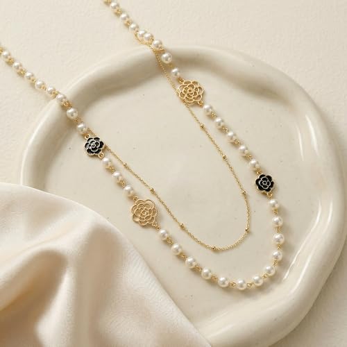 Long Pearl Necklace for Women, Layered Faux Pearl Station Necklace, Gold Tone Double Strand for Wedding Guest Looks and Evening Styling - color: Golden White Small Flower