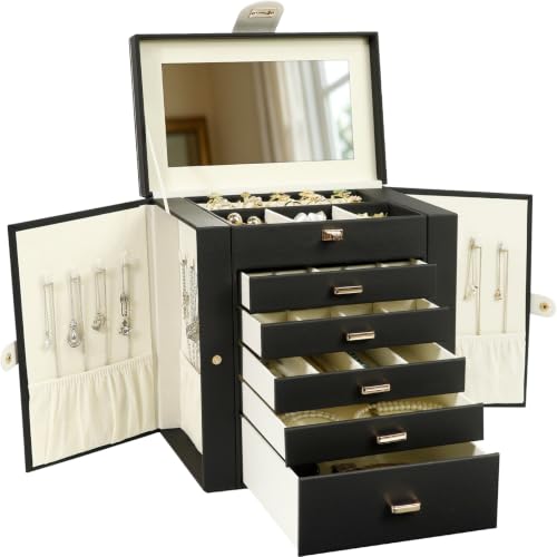 KAMIER Jewelry Box for Women, 6-Layer Large Jewelry Organizer Box with Mirror & 5 Drawers for Rings, Earrings, Necklaces, Bracelets,Black - color: Black