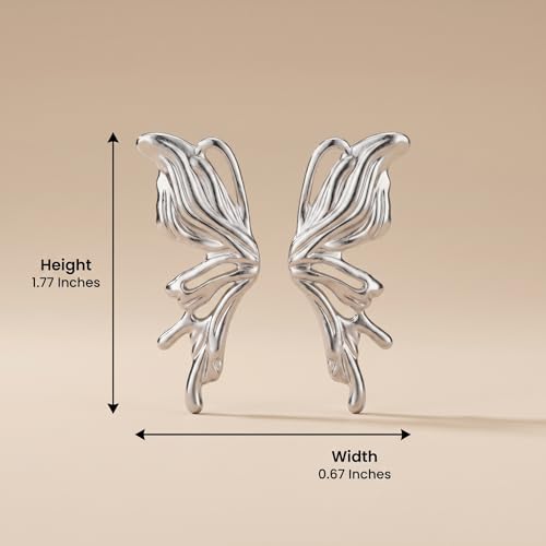 Chunky Gold Plated Flower Statement Drop Earrings for Women | Hypoallergenic 18K Gold Plated Textured Petal Wing, Large Statement Dangle Earrings for Wedding Party - color: Silver Butterfly-1