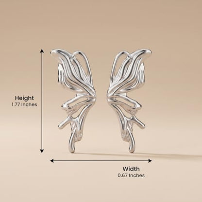 Chunky Gold Plated Flower Statement Drop Earrings for Women | Hypoallergenic 18K Gold Plated Textured Petal Wing, Large Statement Dangle Earrings for Wedding Party - color: Silver Butterfly-1