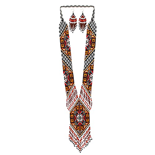 Long Beaded Necklace – Boho Native Handmade Seed Bead Tassel Necklace, Bohemian Large Statement Beaded Necklace for Women and s - color: Pattern 5
