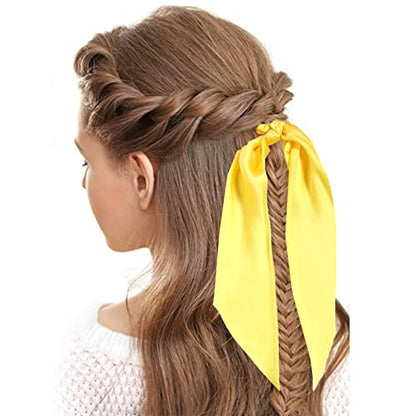 Pack of 2 Knotted Bow Hair Scrunchies Elastic Hair Scarf Hair Ties Bands Satin Hair Ribbon Scrunchy Ponytail Holder for Women and Girls, Hair Scarf Scrunchies,Hair Accessories(Yellow) - color: Yellow