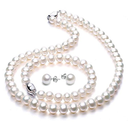 Freshwater Cultured Pearl Necklace Set Includes Stunning Bracelet and Stud Earrings Jewelry for Women Gift for Mother's Day, Anniversary, Birthday, Wedding - size: 18-inch Pearl Jewelry Set