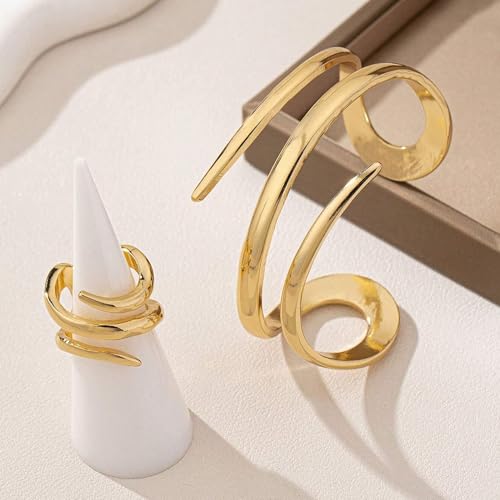 Gold Jewelry Sets for Women Bangle Ring Set Chunky Bangle Bracelet And Ring Statement Jewelry Set for Women - style: Gold-C