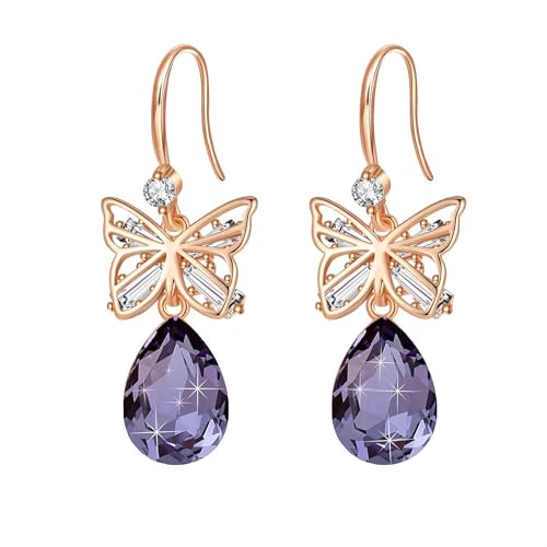 Austrian Crystal Teardrop Butterfly Drop Dangle Earrings for Women 14K Rose Gold Plated Hypoallergenic Jewelry - color: Tanzanite