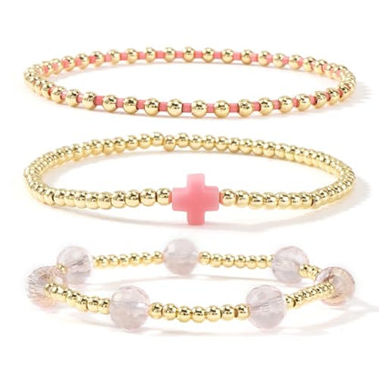 14K Gold Plated Beaded 3Pcs Stack Bracelets for Women, Dainty Trendy Freshwater Stackable Pearl Paperclip Cross Chain Gold Balls Stretch Accessories Jewelry Vacation Gift - color: pink