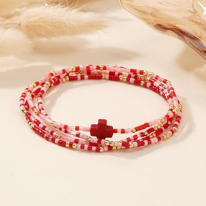 Christian Cross Christmas Stackable Seed Beaded Bracelets for Women, Boho Colorful Healing Stretch Accessories God Christ Pray Faith Amulet Jewelry, Daily Party Holiday Friendship Gift - color: Red