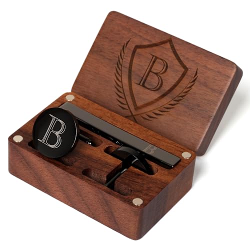Mens Initial Cufflinks and Tie Clip A-Z Alphabet Letter Black Stainless Cuff Links Tie Bar with Engraved Walnut Wood Box Groom Groomsman Wedding Set - style: Classic-B