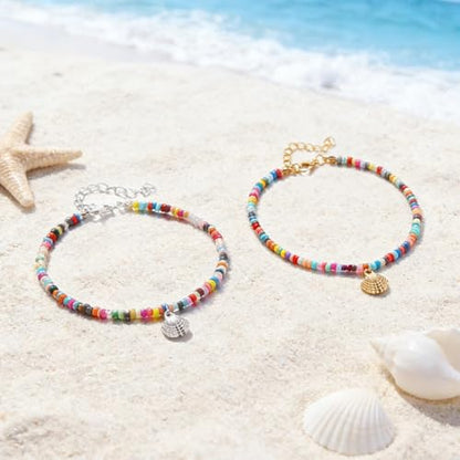 Starfish Shell Anklet Bracelets for Women, Boho Beaded Shell Anklet Set, Beach Vacation Foot Jewelry, Layered Summer Beachy Anklets - color: A4