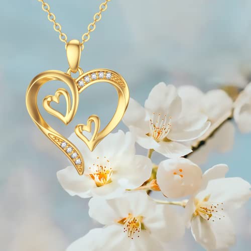 SISGEM 14K Real Gold Heart Necklace for Women,Yellow Gold Love Pendant Necklace Triple Hearts Jewerly Gifts for Birthday Anniversary 16+1+1 inch - color: Triple Hearts-2