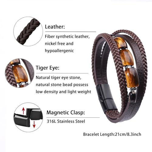 Mens Tiger Eye Leather Bracelet, Natural Tiger Eye Stone Multi-Layer Braided Cuff Bracelets for Men, Stainless Steel with Buckle Memorial Bangle Gifts for Him - color: Brown