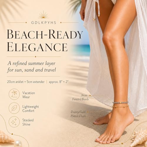 2Pcs Beaded Anklets for Women, Natural Stone Bead Ankle Bracelets with 14K Gold Plated Chain, Waterproof Adjustable Layered Anklet Set, Boho Beach Summer Jewelry Gift - color: Labradorite