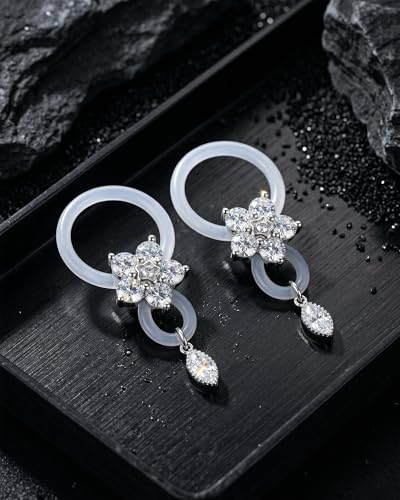 DJCIW 2pcs Flower Fake Nipple Piercing, Adjustable Silicone Non Piercing Lust Locks Nipple Jewelry with Marquise CZ Dangle, Coquette Y2K Aesthetic for Rave & Music Festival - color: silver-flower