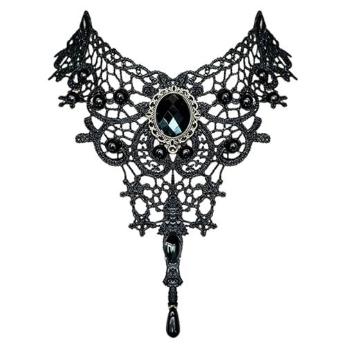 Black Lace Choker Necklace for Women Halloween Gothic Vampire Red Crystal Necklaces Steampunk Cosplay Costume Party Necklace Halloween Jewelry - color: Black
