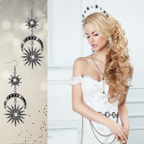 Glenmal 4 Pieces Celestial Jewelry Moon Stars Crown Necklaces and Body Chain Headband Drop Earrings for Women - color: Black