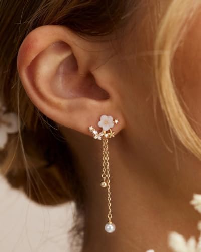 14K Gold Plated/Sterling Silver CZ Pearl Drop Dangle Earrings for Women - color: Silver-Flower Pearl CZ