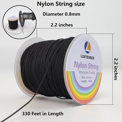 LUSTEMBER 0.8mm Nylon String, Strong Bracelet String, Durable Nylon Cord for Jewelry Making, Bracelets, Beading, Necklaces, Rattail Braiding, Kumihimo, Wind Chimes, Blinds and Handicrafts - size: Black